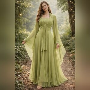 TOLEEN Olive Green Bohemian Maxi Dress – Flowing, Whimsical Fairycore Vibe|SzS
